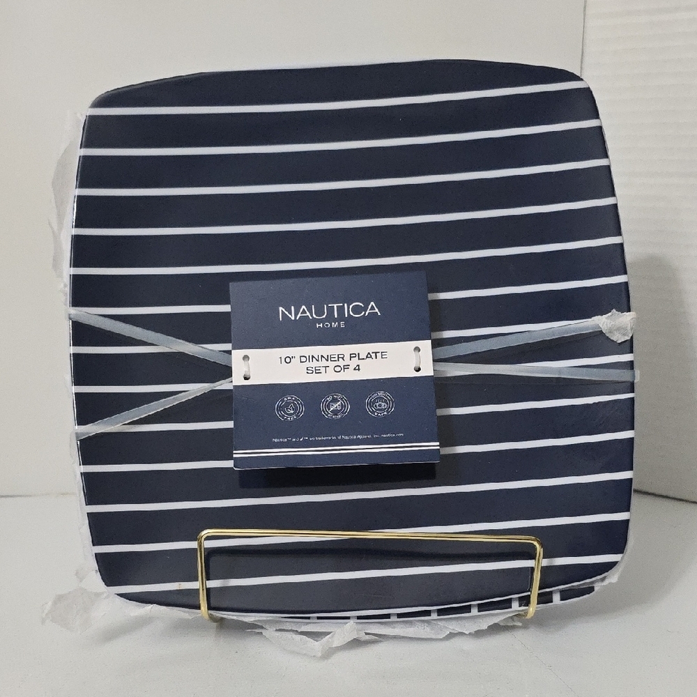 Nautica Blue and White Striped Dinner Plates, Set of 4, NWT